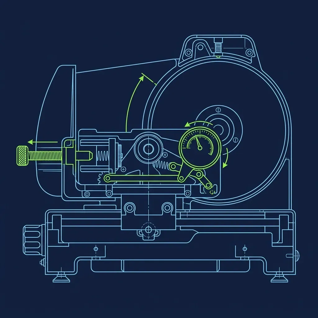 Blueprint illustration of the Arby's deli slicer blade thickness gauge and calibration mechanism