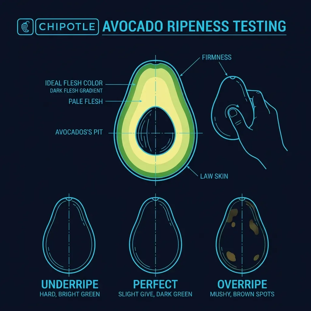 Diagram showing avocado ripeness stages: underripe, perfect, and overripe with cross-section views