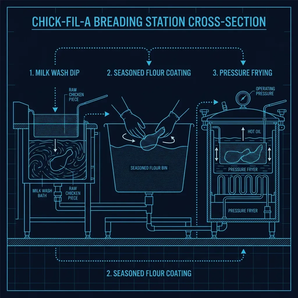 Breading station diagram showing the 3-step flow from milk wash to flour to fryer