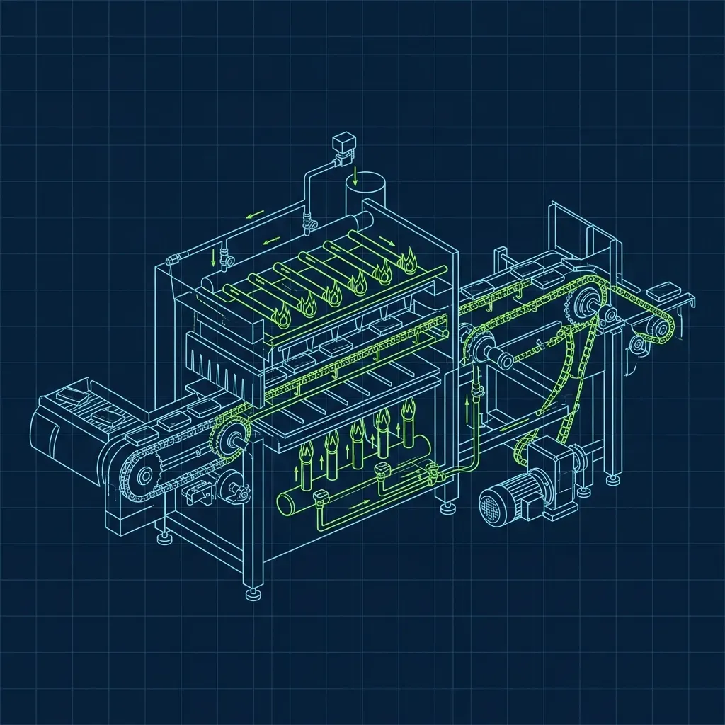 Blueprint style graphic of the Burger King broiler chain-link conveyor belts