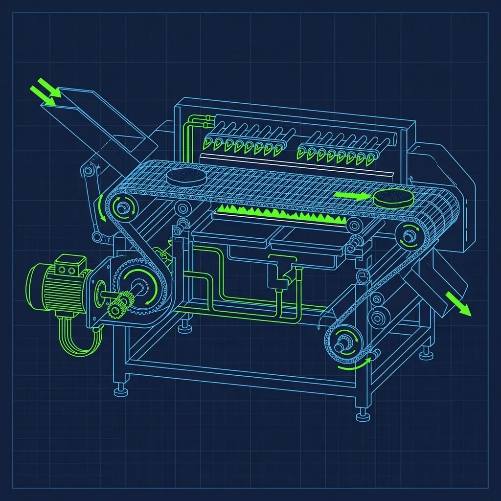 Schematic diagram of the Burger King flame broiler continuous conveyor belt feed mechanism