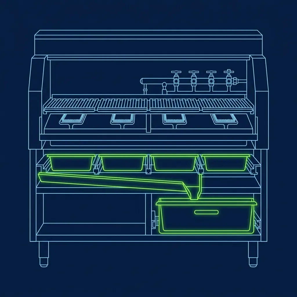 Technical diagram showing the grease catch pans located beneath a Burger King broiler