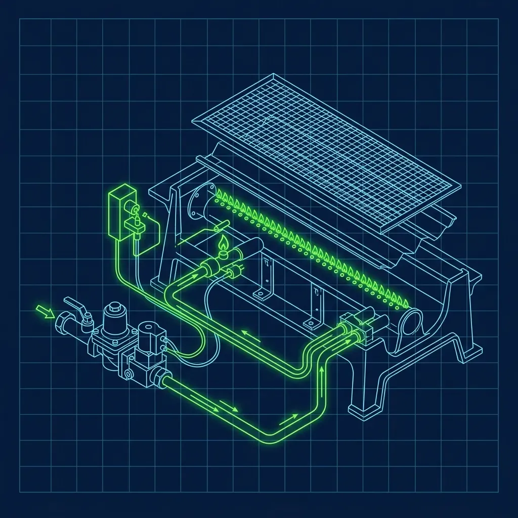 Technical illustration of the Burger King broiler gas igniter and burner assembly