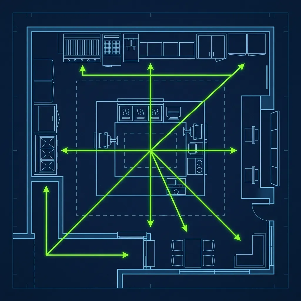 Minimalist blueprint layout of a Burger King expeditor station and kitchen sightlines