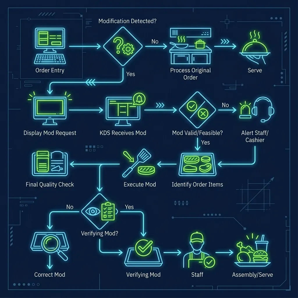 Flat vector operational workflow diagram for order modification verification at Burger King