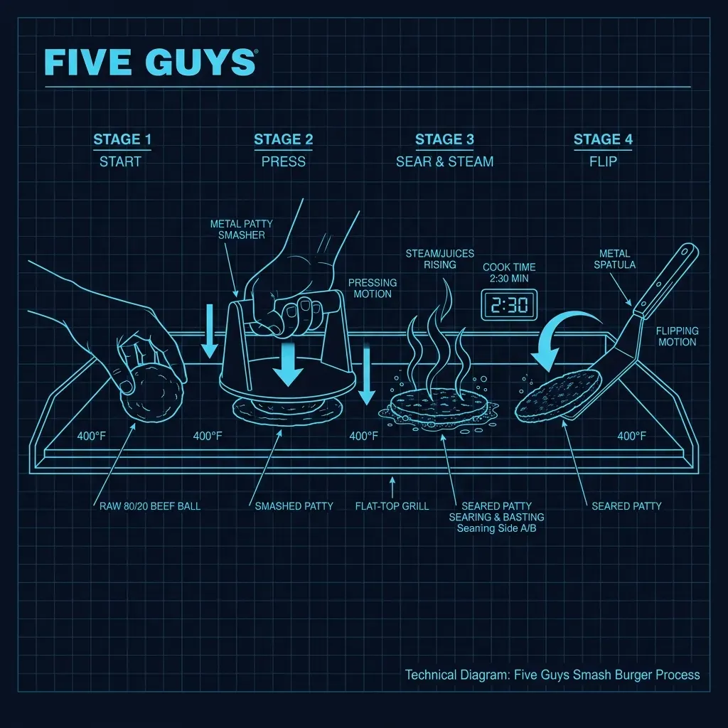 Side-view diagram showing the Five Guys burger smash process: ball placement, press smash, sear, and flip