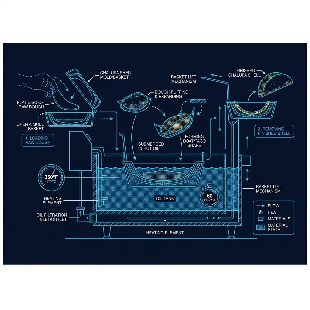 Side-view diagram of the chalupa fryer mold showing dough placement, submersion, and puffed shell removal