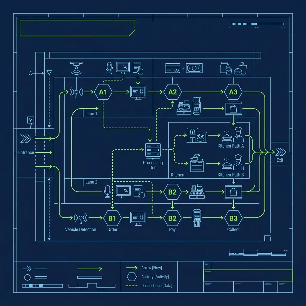 Technical diagram showing the parallel processing order workflow of a Chick-fil-A drive-thru