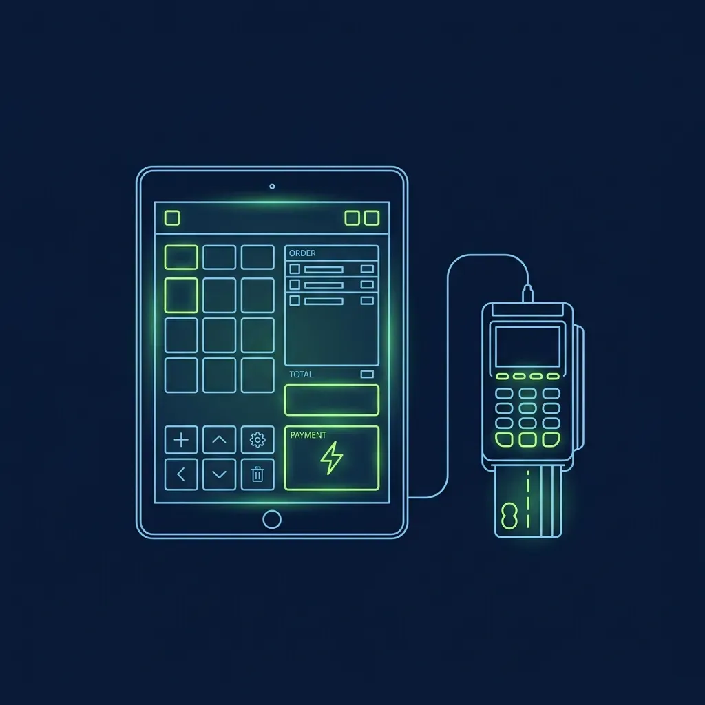 Clean vector illustration of the Chick-fil-A iPOS tablet interface and mobile card reader
