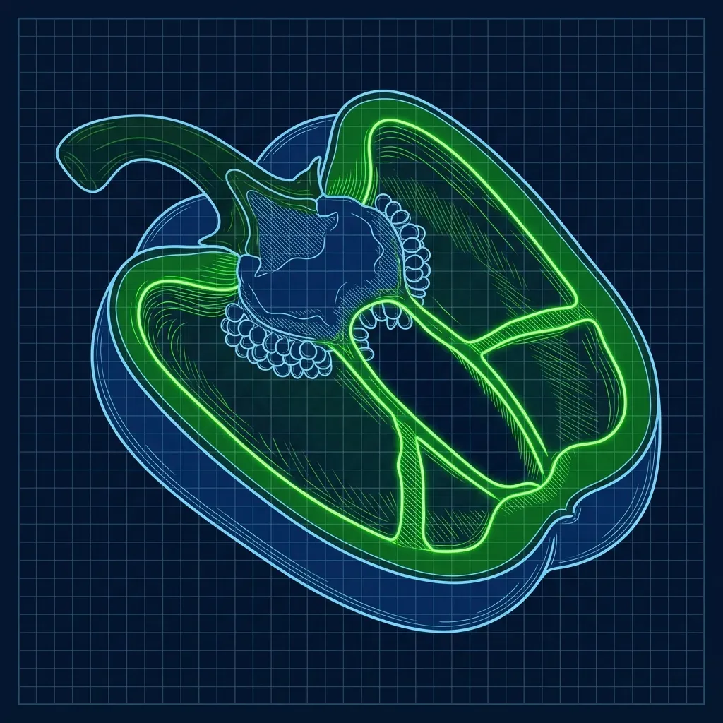 Blueprint-style diagram of a halved bell pepper showing natural internal ridges used as 1/4-inch cutting guides