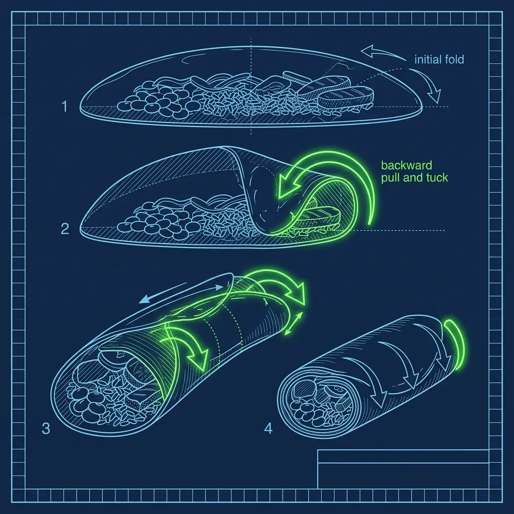 Technical schematic demonstrating the backward pull and tuck motion used to compress a burrito during rolling