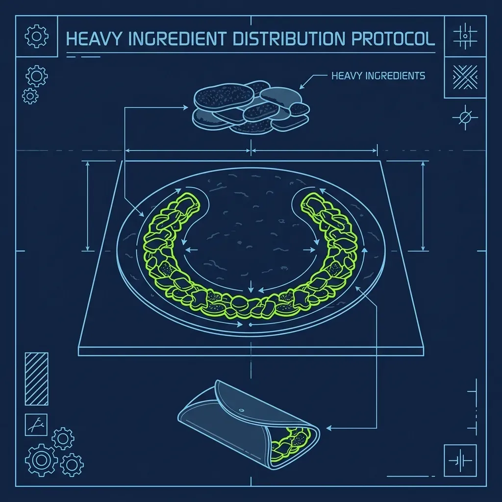 Vector diagram showing the proper U-shaped distribution of heavy ingredients on a flat tortilla
