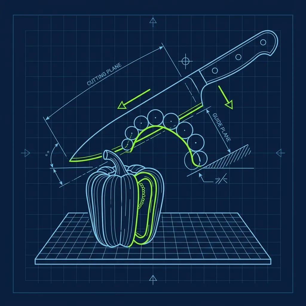 Technical schematic of the claw grip technique for cutting bell peppers, showing proper knuckle positioning