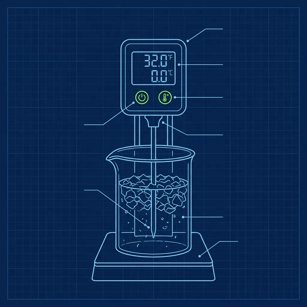 Technical illustration of a digital meat thermometer being calibrated in 32-degree ice water