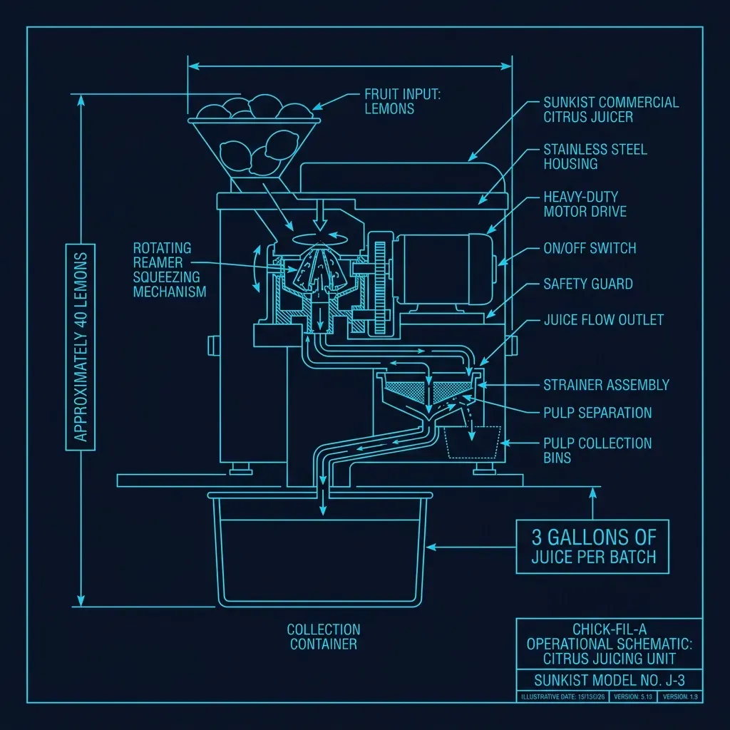 Engineering diagram of a commercial citrus juicer showing the reamer, strainer, and juice collection