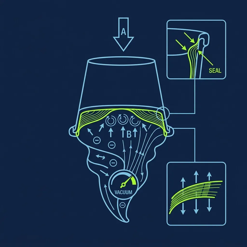 Technical diagram illustrating the vacuum seal and density forces holding soft serve inside an inverted cup