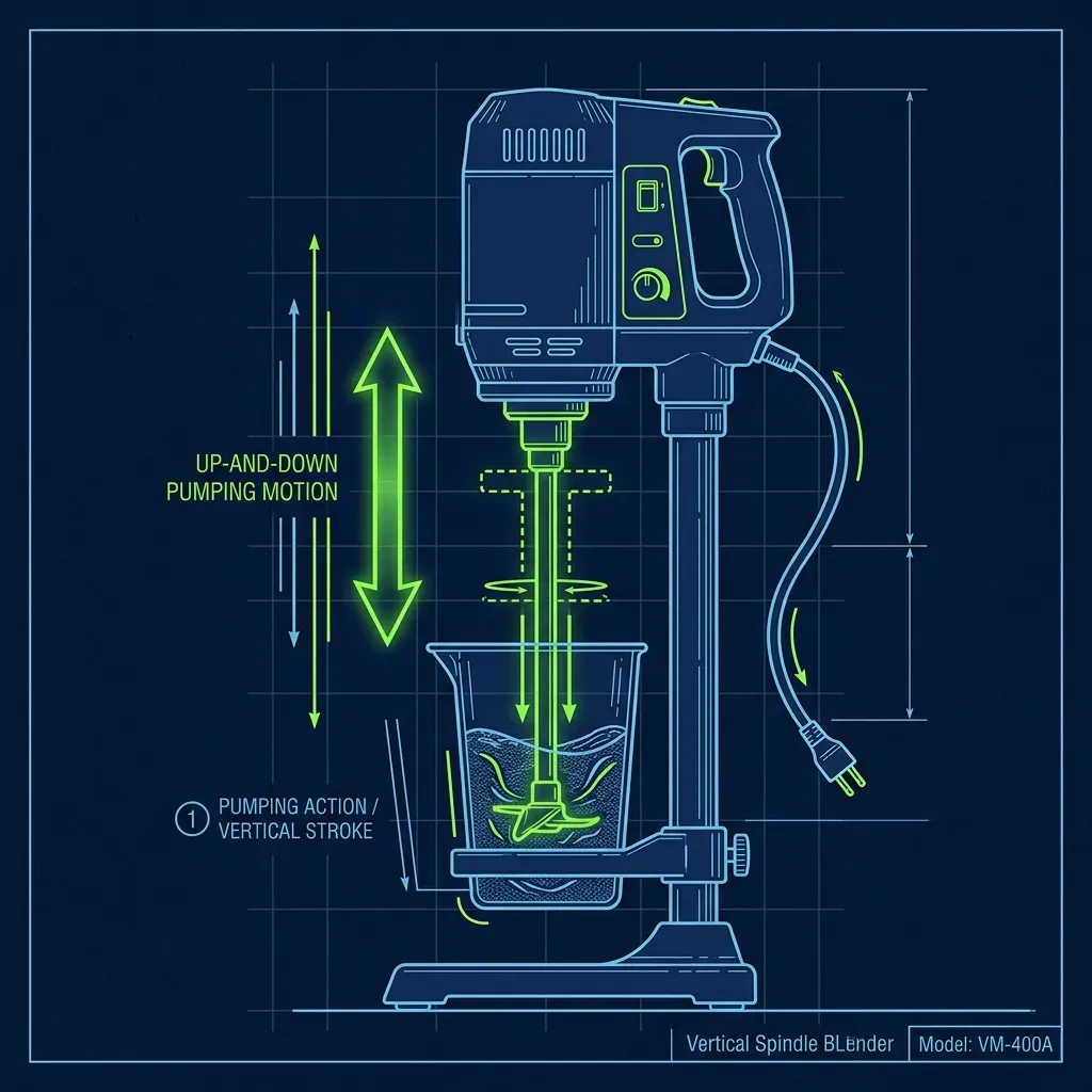 Blueprint illustration of a vertical spindle blender showing the up-and-down pumping motion required for mixing