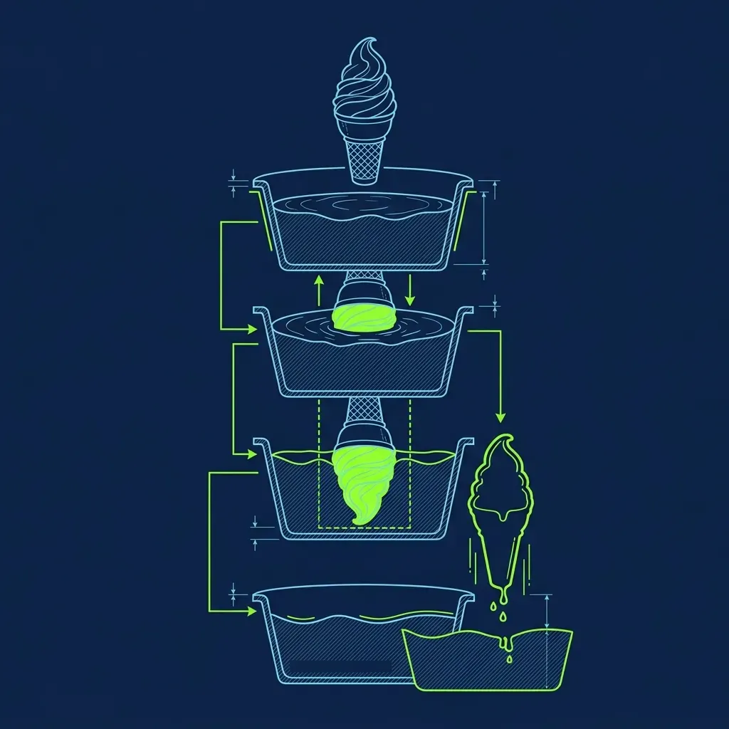 Vector illustration of the precise vertical dipping motion used to coat a soft serve cone in liquid chocolate