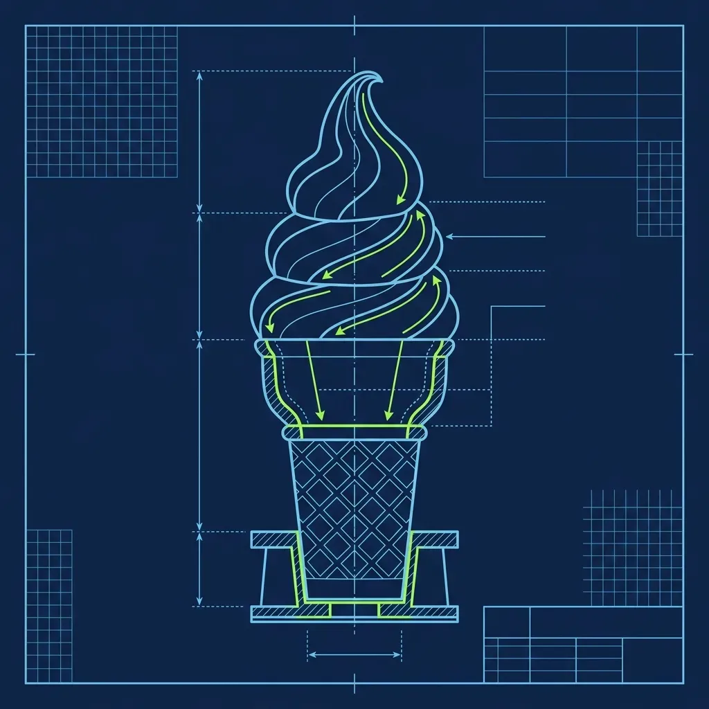 Schematic diagram of a medium Dairy Queen cone showing the internal foundation and three distinct soft serve tiers