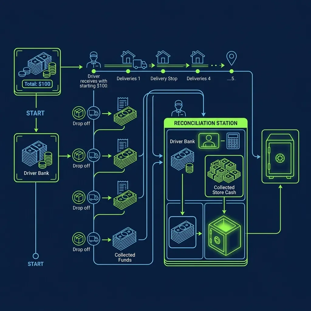 Diagram illustrating the separation of a $20 driver bank from collected store cash during a multi-delivery run
