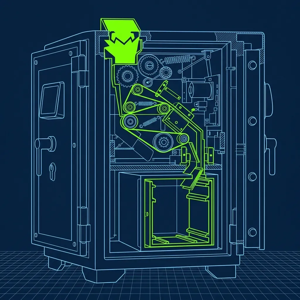 Technical blueprint of a store smart safe showing the cash drop deposit mechanism