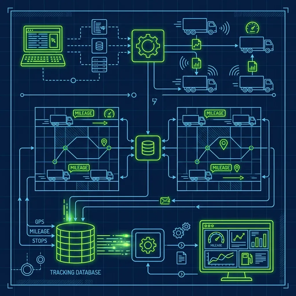 Technical schematic of a Domino's dispatch computer mileage tracking workflow