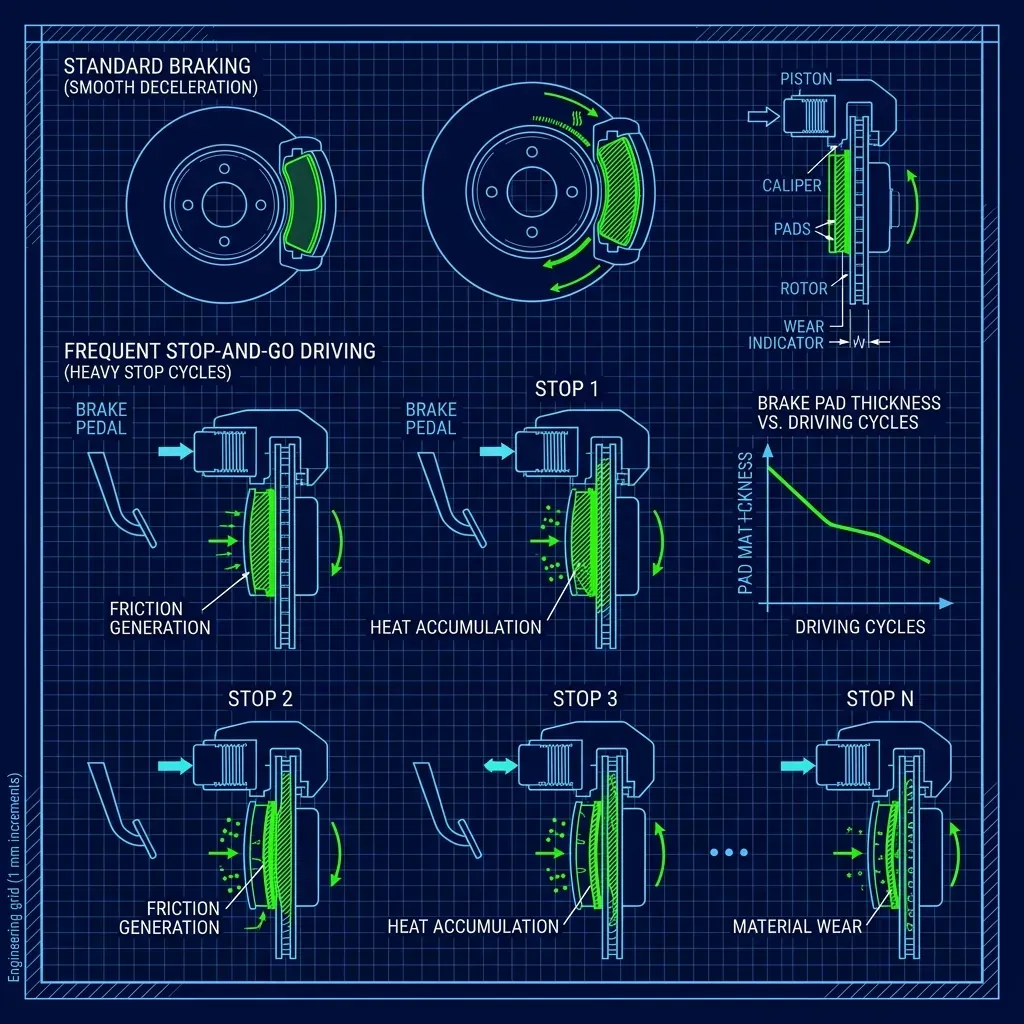 Technical diagram of vehicle brake pad wear mechanics from delivery driving