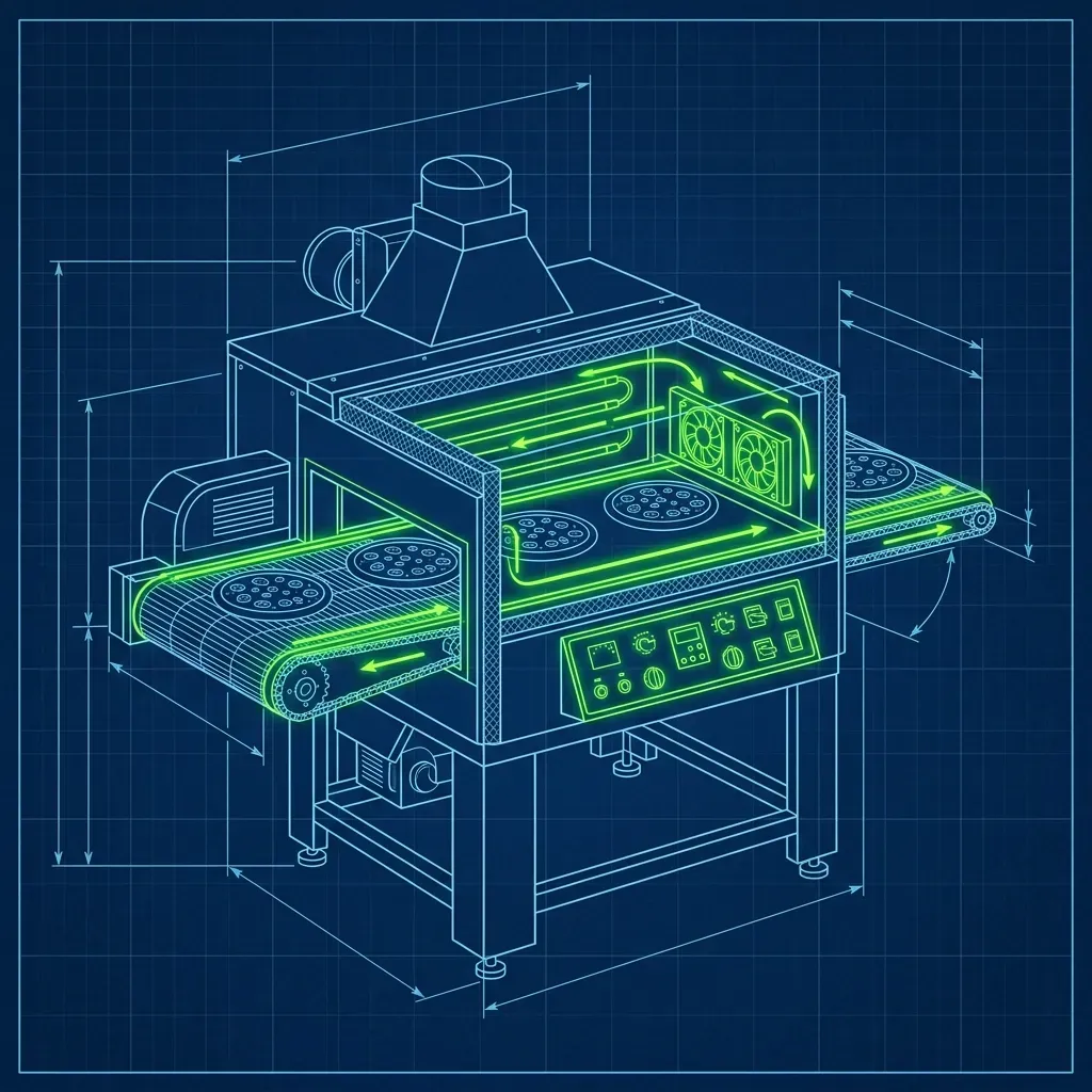 Technical schematic of a Domino's conveyor belt pizza oven