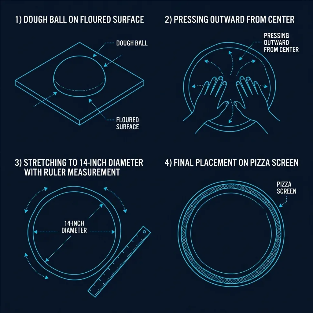 Top-down diagram showing the 4 stages of hand-stretching a Domino's pizza dough from ball to 14-inch round