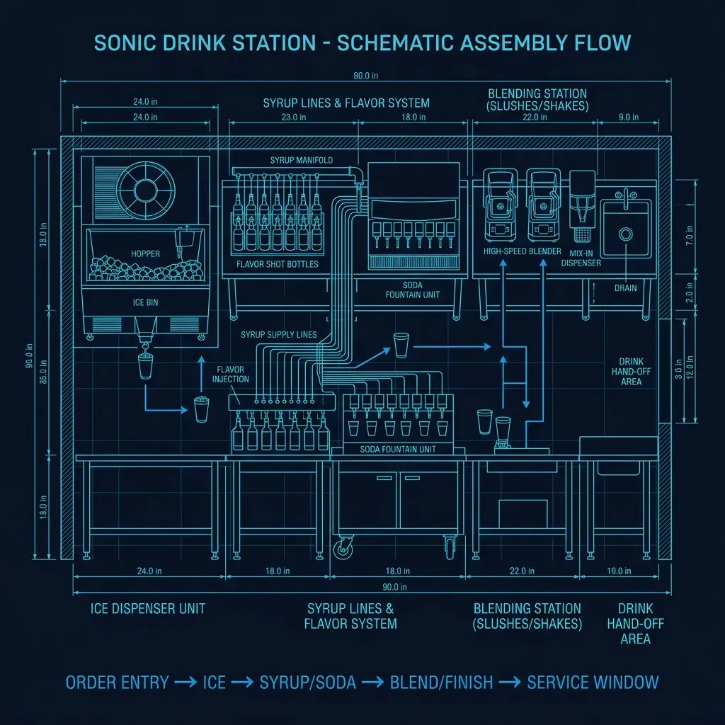 Top-down schematic of a Sonic drink station showing ice dispenser, syrup lines, fountain heads, and slush machines