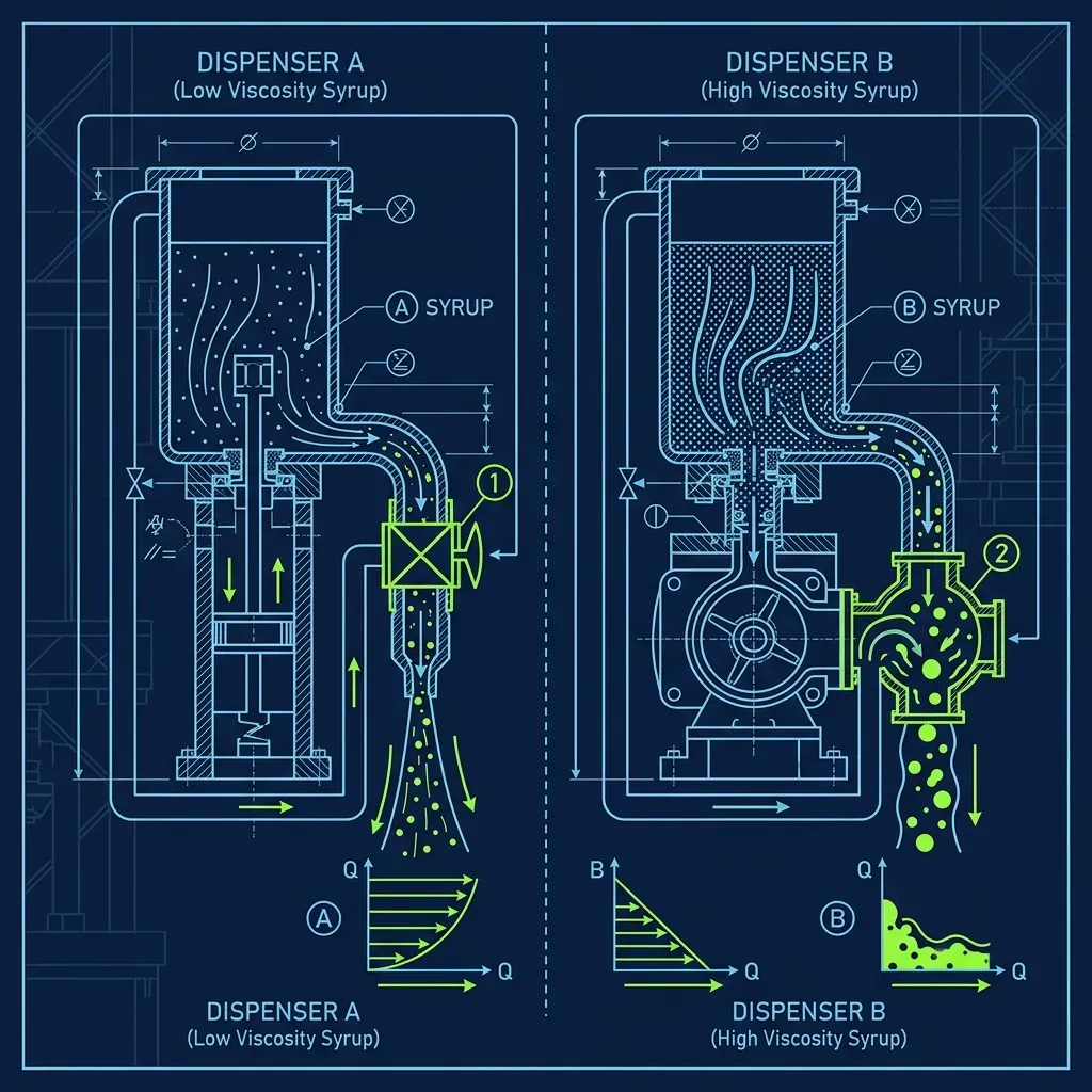 Technical diagram comparing Dunkin flavor swirl and flavor shot viscosities