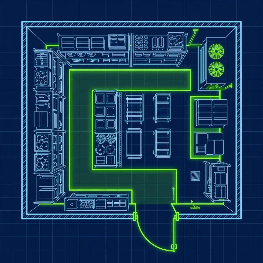 Technical schematic of a Five Guys walk-in cooler storage layout