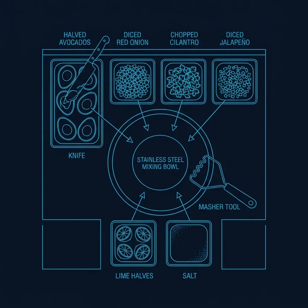 Top-down schematic of the guacamole prep station showing mixing bowl, ingredients, and workflow