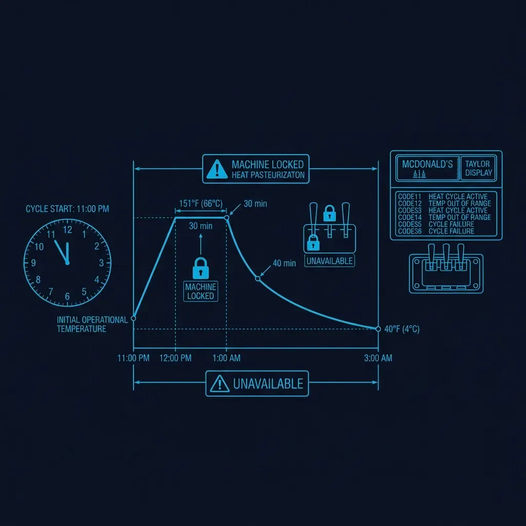 Timeline diagram showing the 4-hour heat pasteurization cycle from 11PM to 3AM