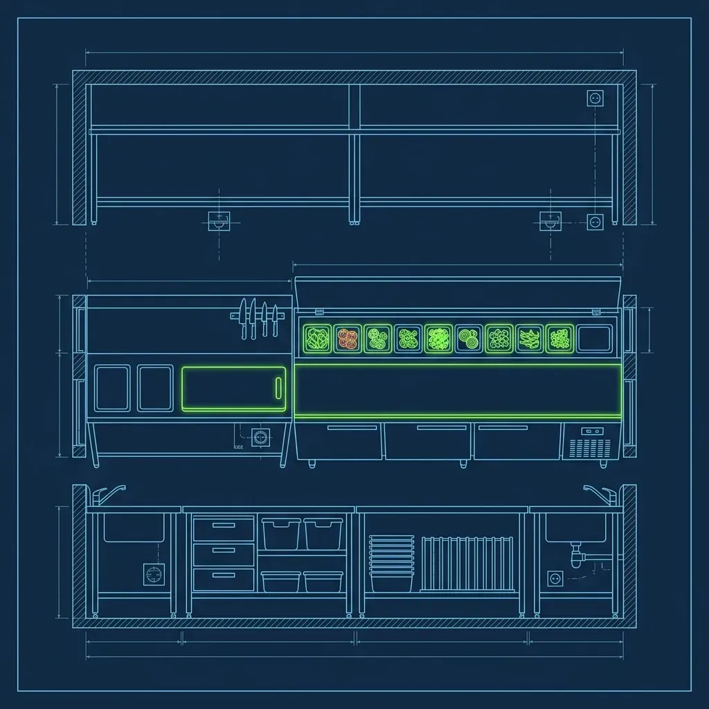 Technical schematic of the In-N-Out Board station layout showing the stainless steel prep table, spread pump, and standardized vegetable bin positions