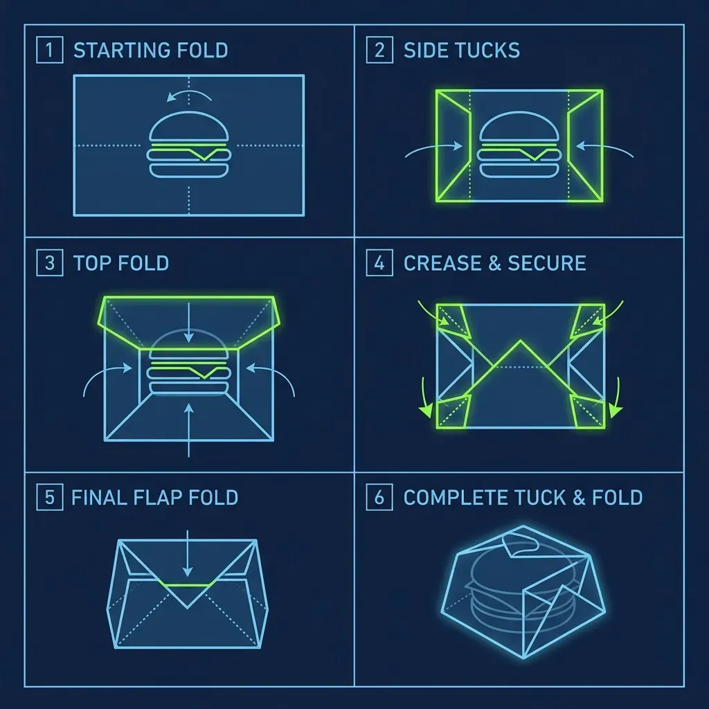 Flat vector illustration of the wax paper tuck-and-fold wrapping method for In-N-Out burgers, demonstrating the diagonal placement