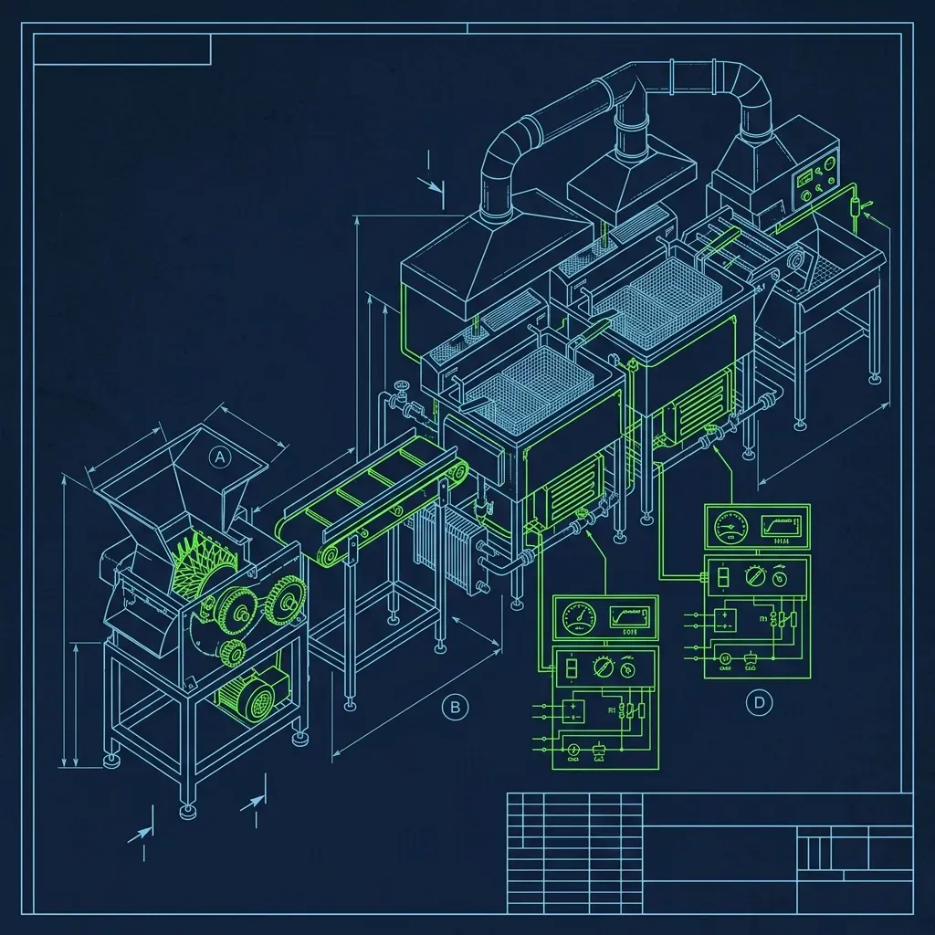 Technical blueprint of the In-N-Out fry station equipment showing fresh potato dicer, washing sinks, and oil temperature monitors