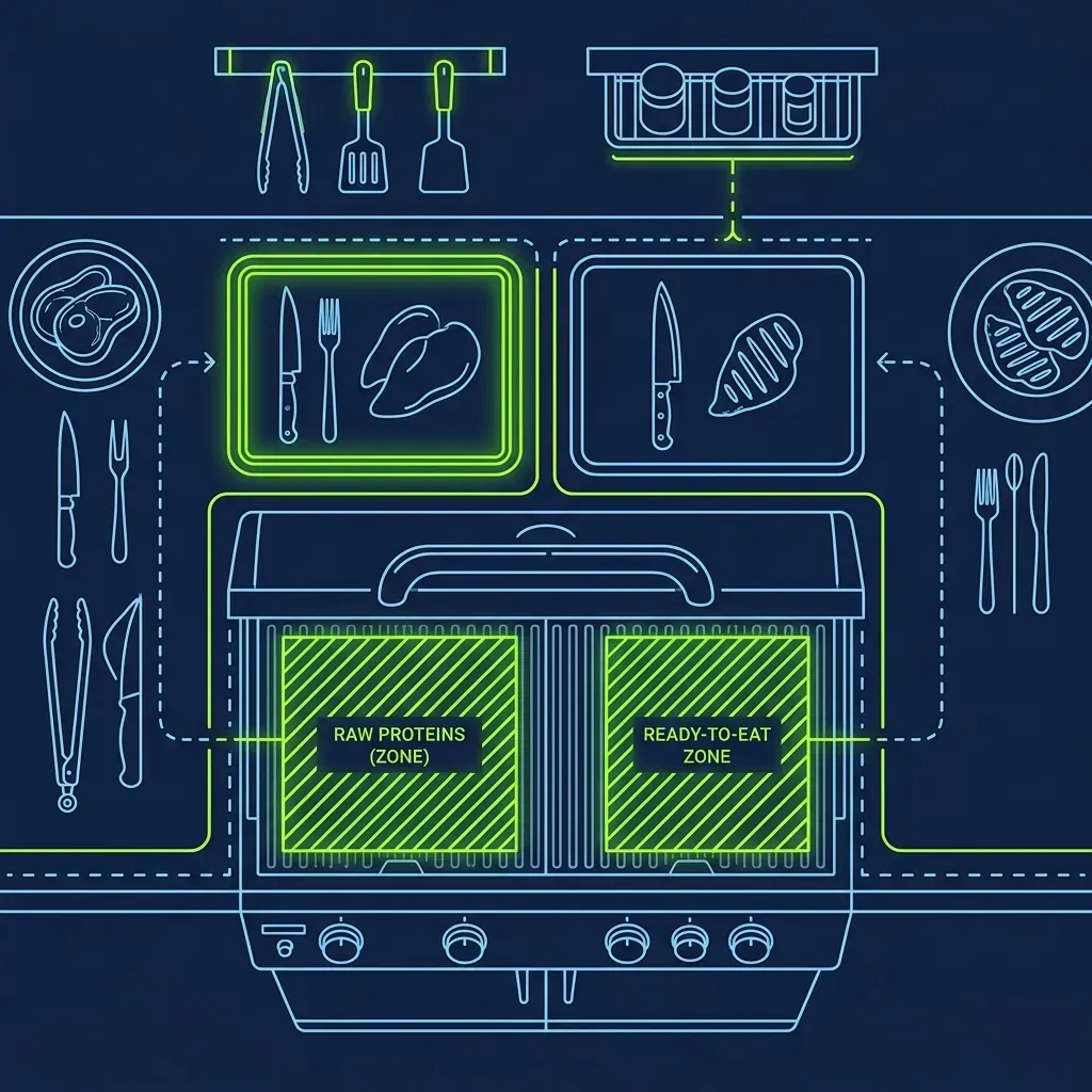 Schematic top-down view of a Chipotle grill station showing separate cutting boards to prevent cross-contamination