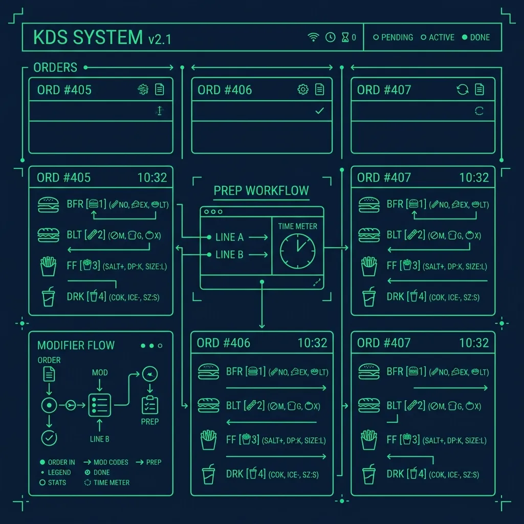 Technical illustration of a kitchen display system screen showing abbreviated In-N-Out modifier codes like DD AS MF