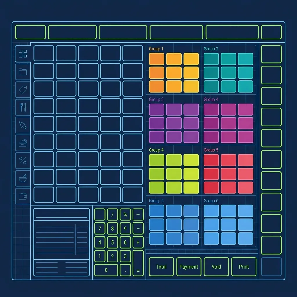 Flat vector diagram of the In-N-Out POS system interface layout showing color-coded modifier groupings for Secret Menu items