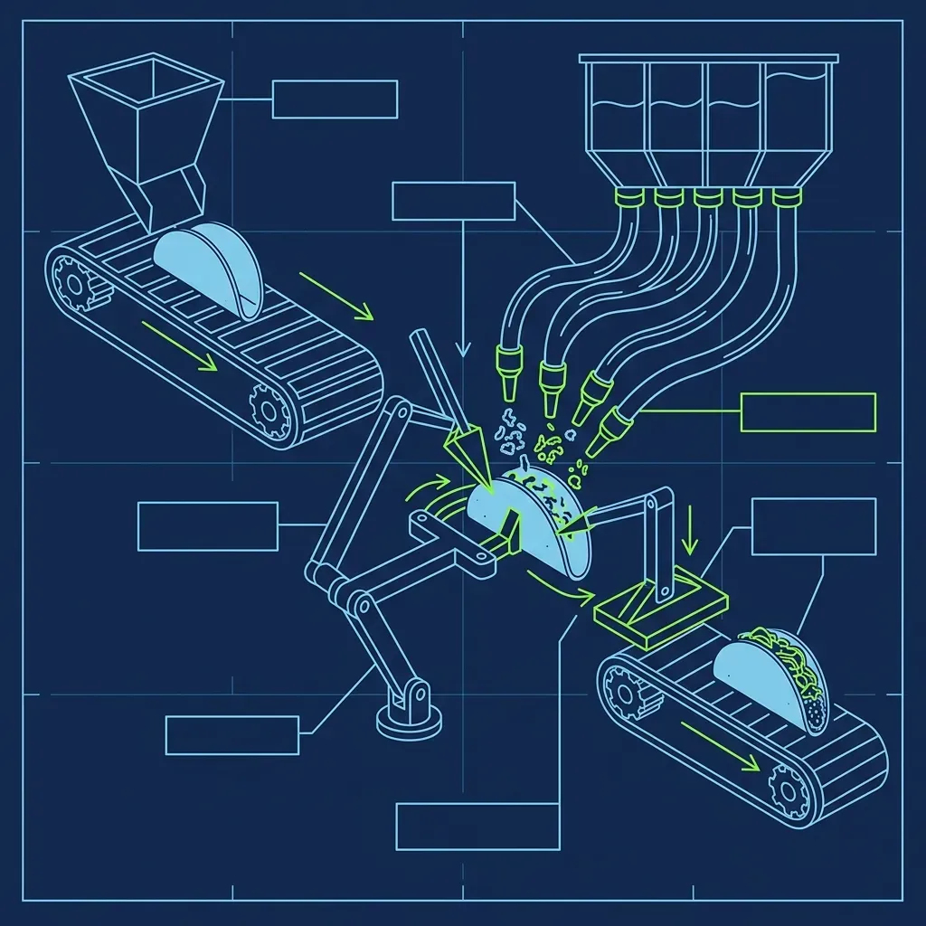 Flat vector illustration showing the mechanical pry-and-stuff technique to insert cheese and lettuce into a fried taco shell