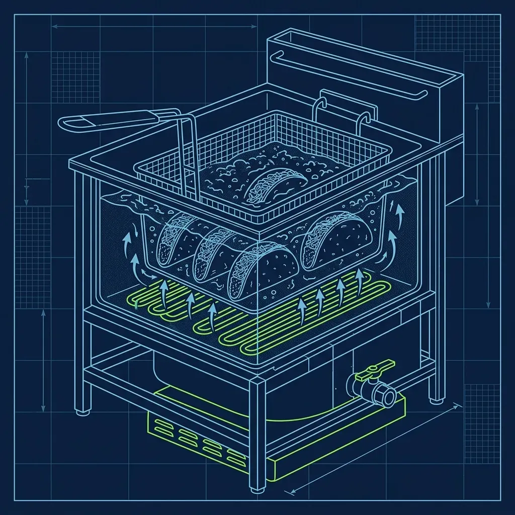 Schematic diagram of frozen Jack in the Box tacos submerged in a 350-degree deep fryer basket