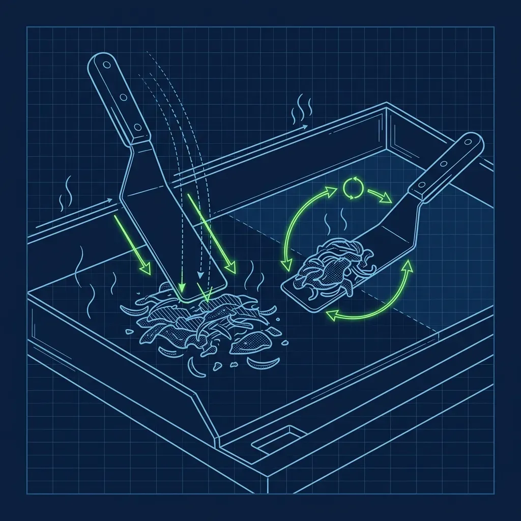 Blueprint-style diagram of heavy metal spatulas executing the chop-and-flip technique on shaved steak on a flat-top grill