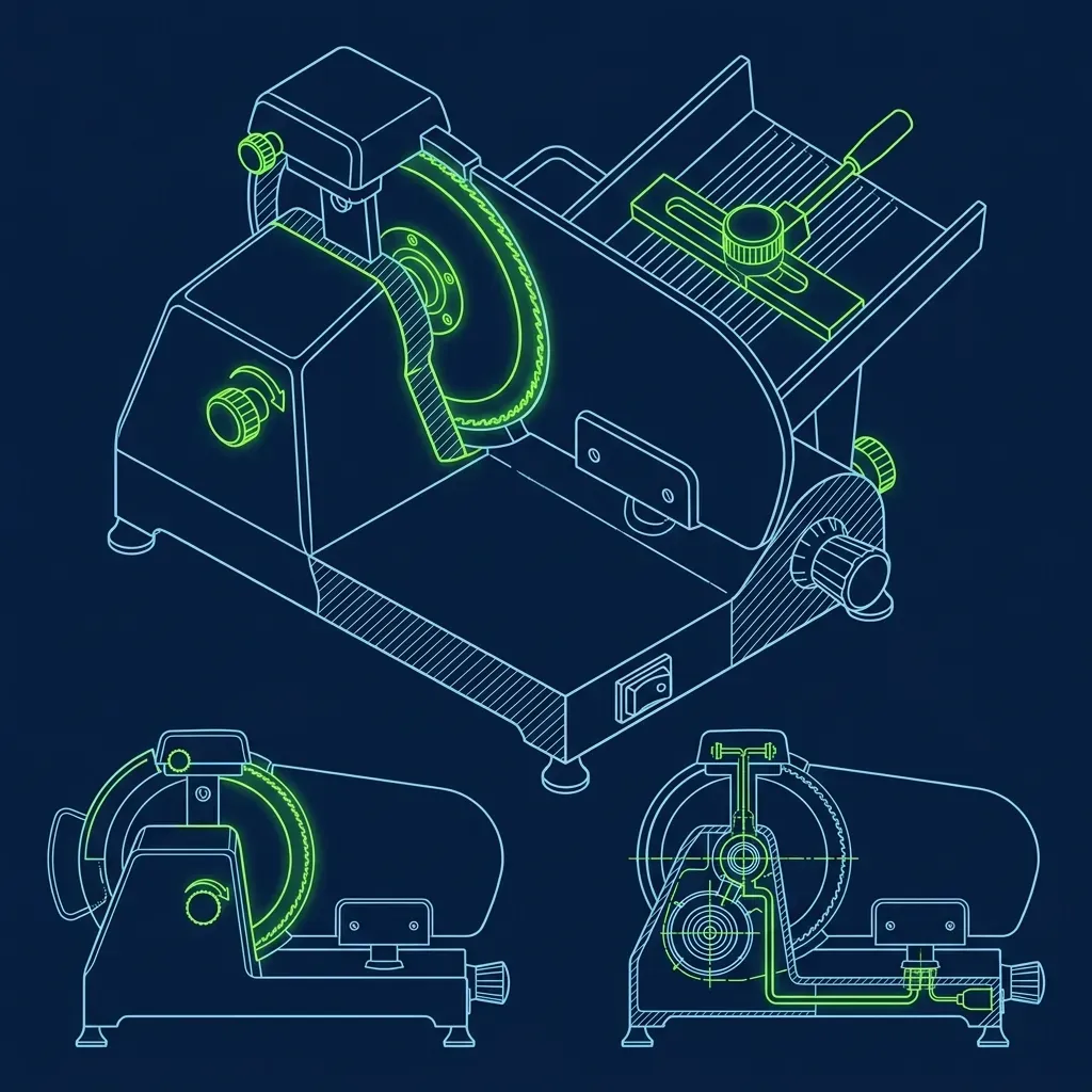 Technical diagram of a commercial deli meat slicer featuring the spinning blade and heavy metal safety guard