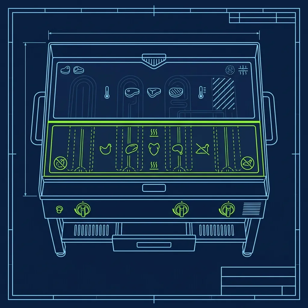 Flat technical layout of a Jersey Mike's flat-top grill showing strictly separated raw beef and raw chicken cooking zones
