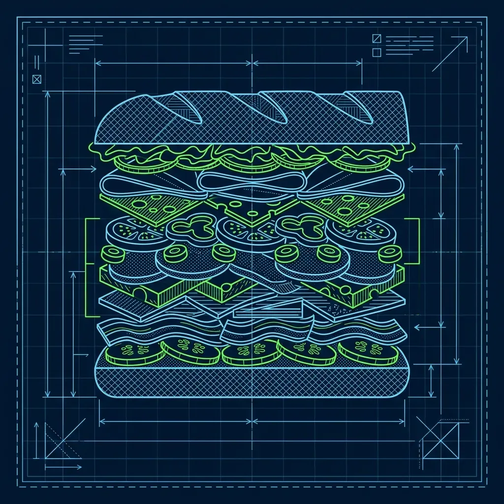 Cross-section schematic of a Mike's Way sub showing the structural layers of onions, lettuce, tomatoes, juice, and spices