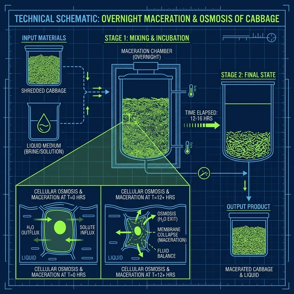 Technical diagram illustrating the overnight maceration process and osmosis of cabbage in coleslaw dressing