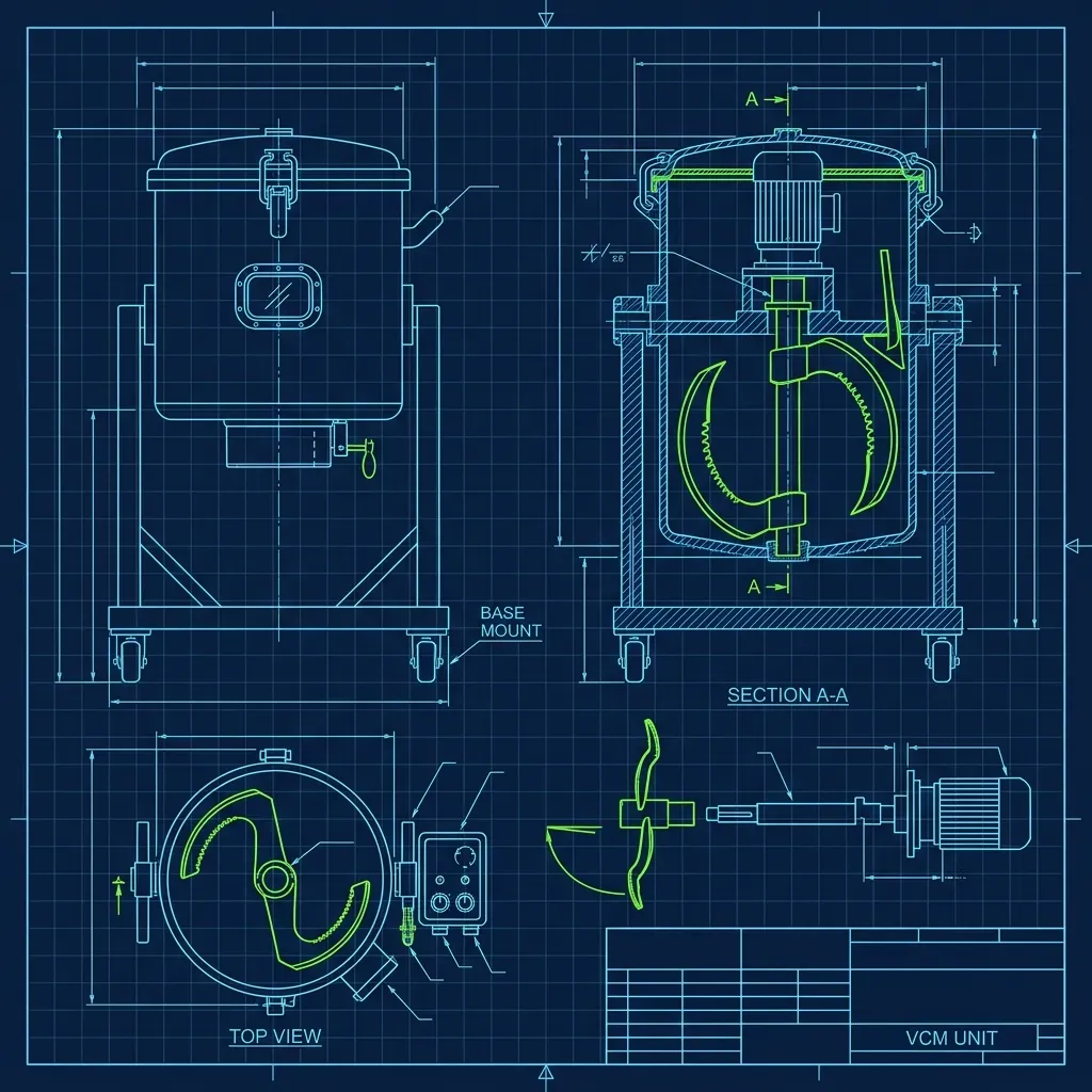 Technical schematic of a commercial vertical cutter mixer with forearm-sized blades