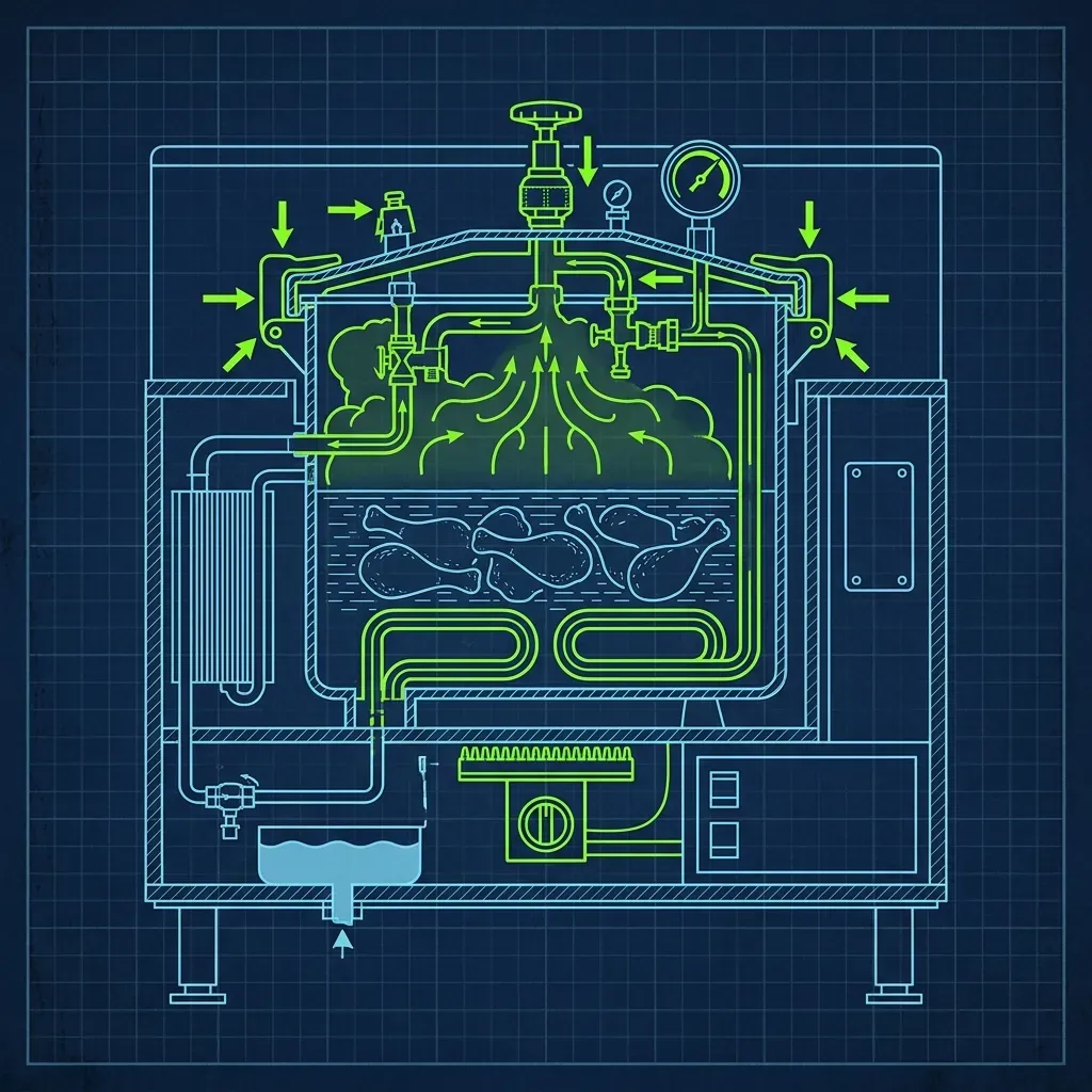 Blueprint-style diagram of a Collectramatic pressure fryer showing internal steam and pressure mechanics