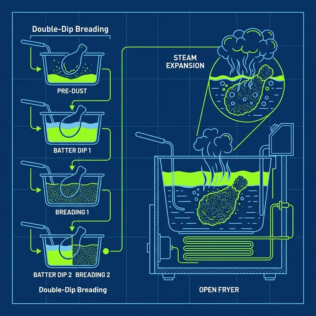 Flat vector illustration showing the double-dip breading technique and steam expansion in an open fryer